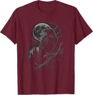 Gothic Crow with Moon Graphic Artwork Raven Design T-Shirt - T-Shirt | Maroon