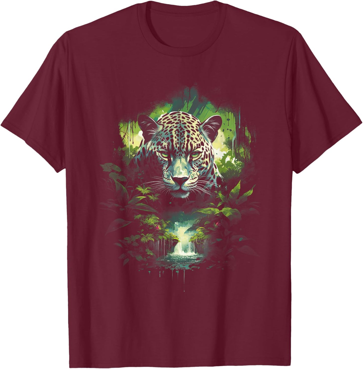 Majestic Jaguar Jungle Wildlife Illustration T-Shirt - T-Shirt | Maroon