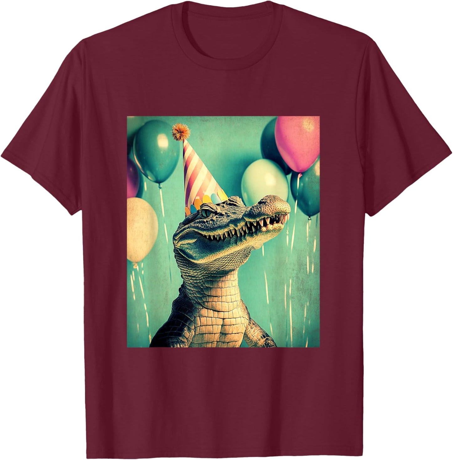 Crocodile Retro Art Print Birthday Party Balloons Party Hat T-Shirt - T-Shirt | Maroon