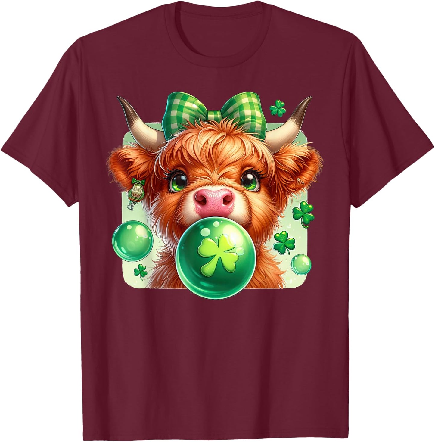 Highland Cow Blowing Bubblegum Celebrate St Patricks Day T-Shirt - T-Shirt | Maroon