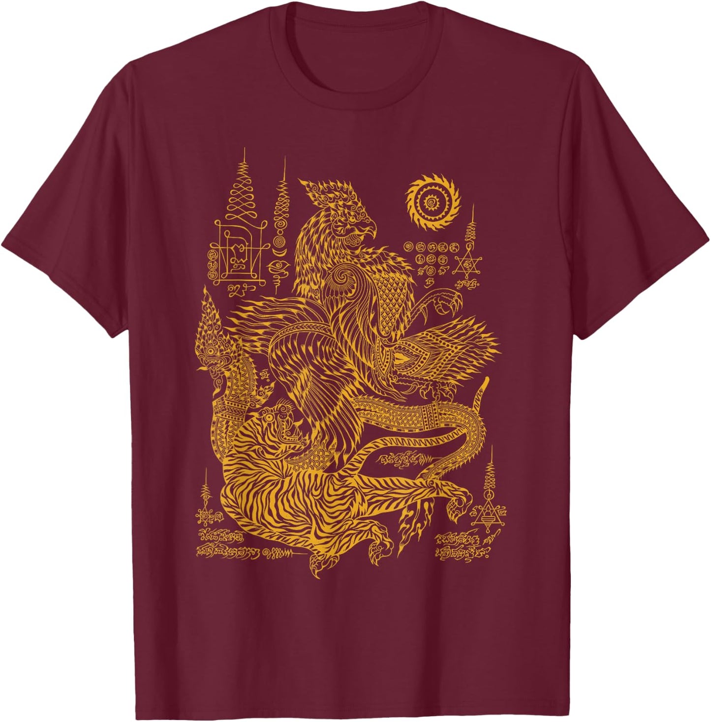 Thai Rooster & Tiger Traditional Thailand Art MMA Muay Thai T-Shirt - T-Shirt | Maroon