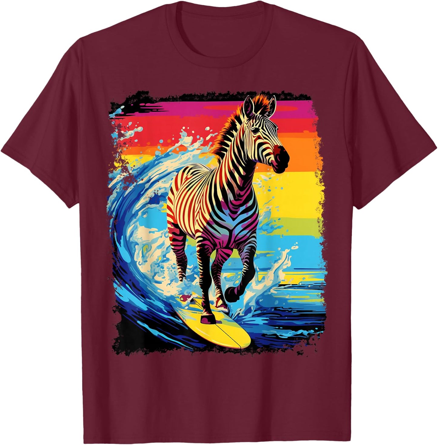 Pop Art Vintage Zoo Animal Zebra Paddle Board Surfing T-Shirt - T-Shirt | Maroon