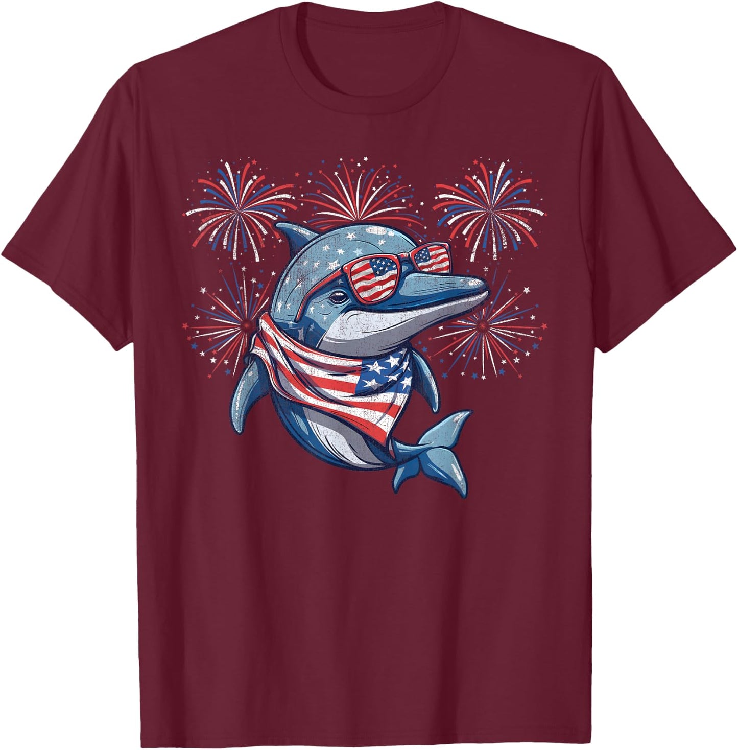 Dolphin 4th Of July Sunglasses American Flag Fireworks Women Men T-Shirt - T-Shirt | Maroon