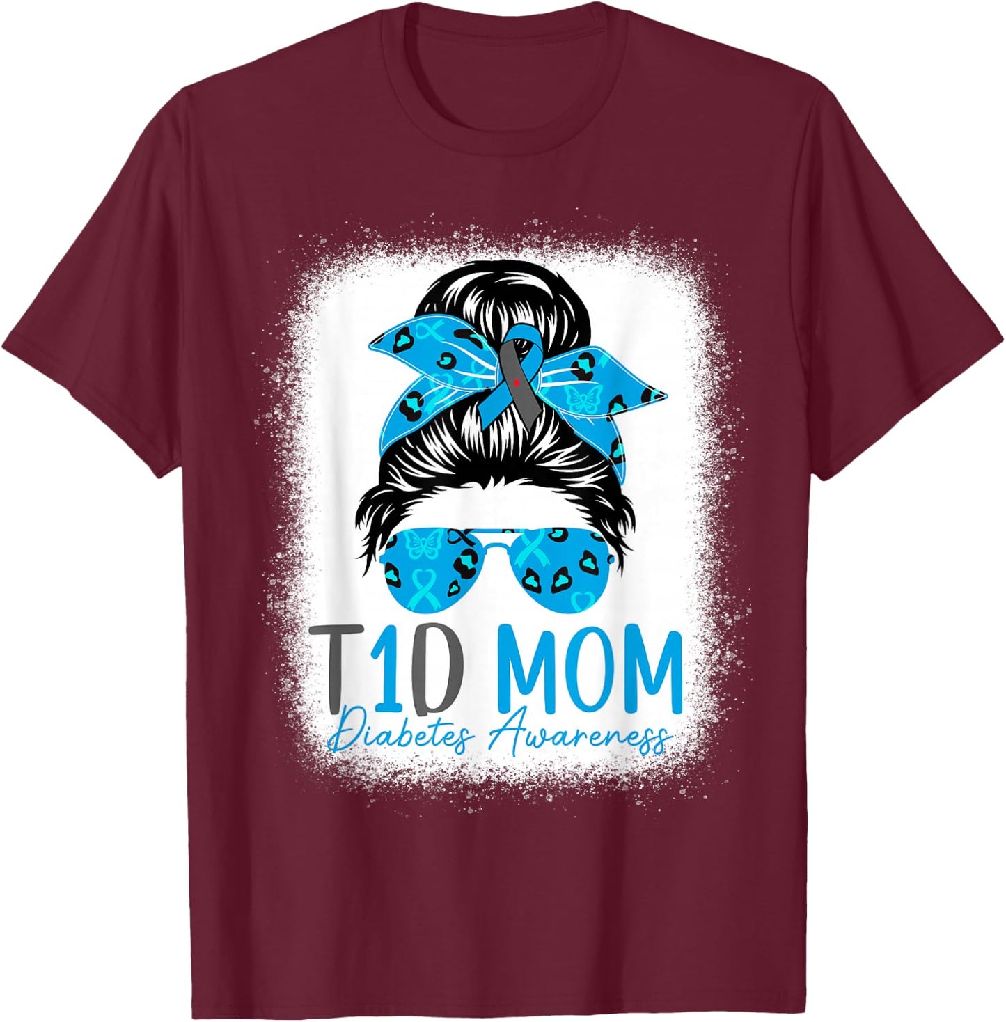 T1D Mom Diabetes Awareness Type 1 Diabetes Blue Ribbon T-Shirt - T-Shirt | Maroon