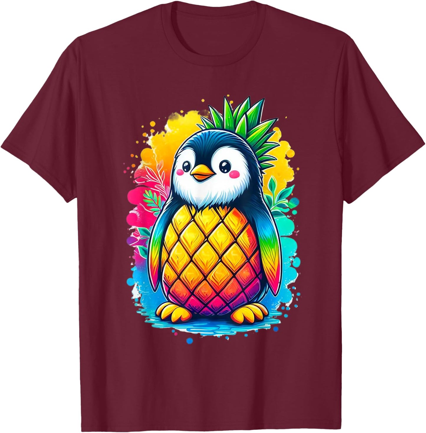 Rainbow Colorful Pineapple Penguin Summer Vacation Fruit Men Women Girls Kids T-Shirt - T-Shirt | Maroon