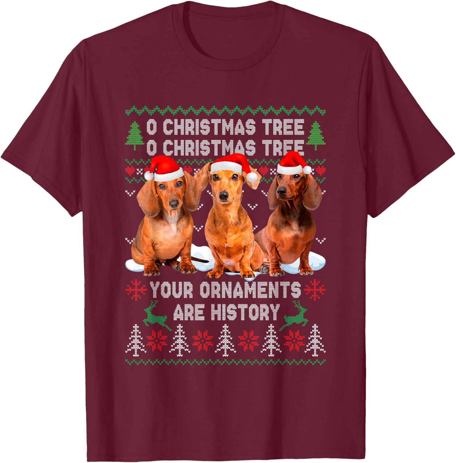 Cute Dachshund Dog Oh Christmas Tree Ugly Xmas T-Shirt - T-Shirt | Maroon