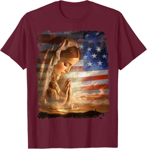 USA American US Flag The Virgin Mary T-Shirt - T-Shirt | Maroon