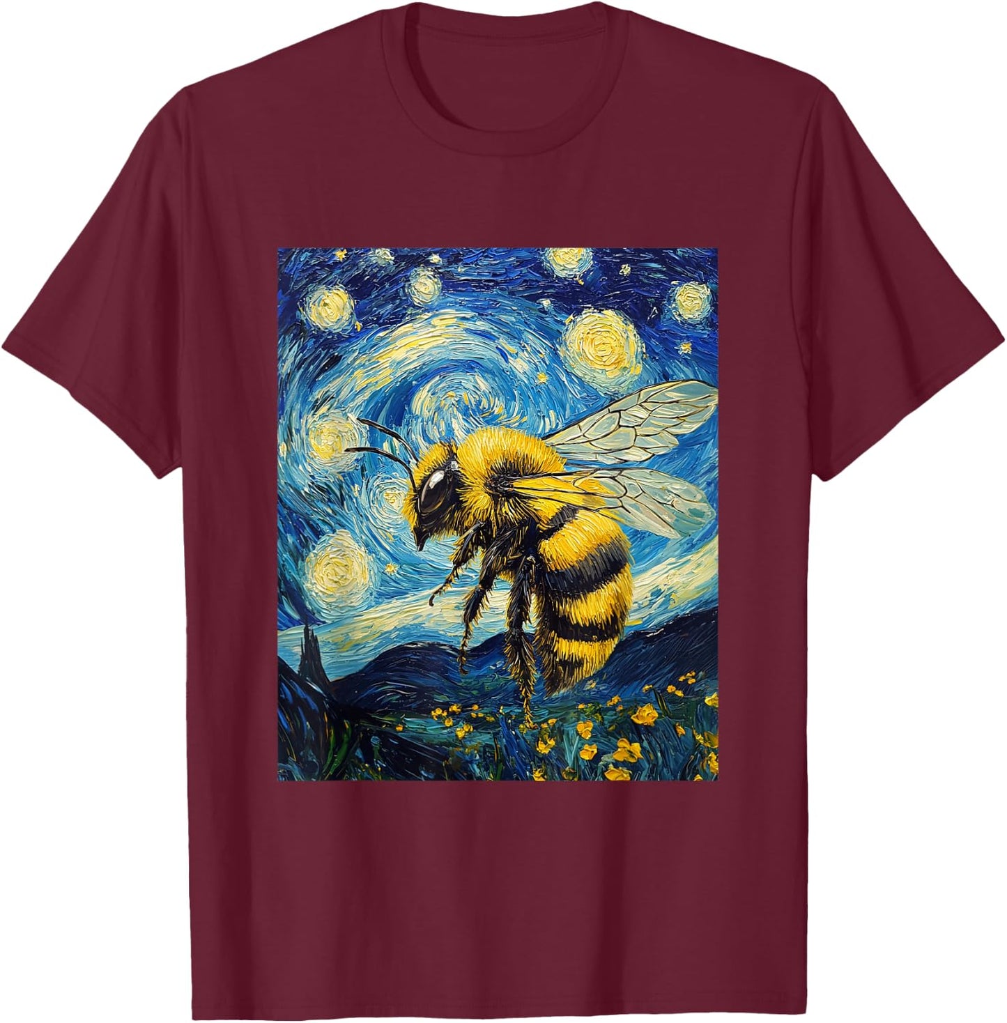 Bee Van Gogh Style Starry Night Graphic T-Shirt - T-Shirt | Maroon