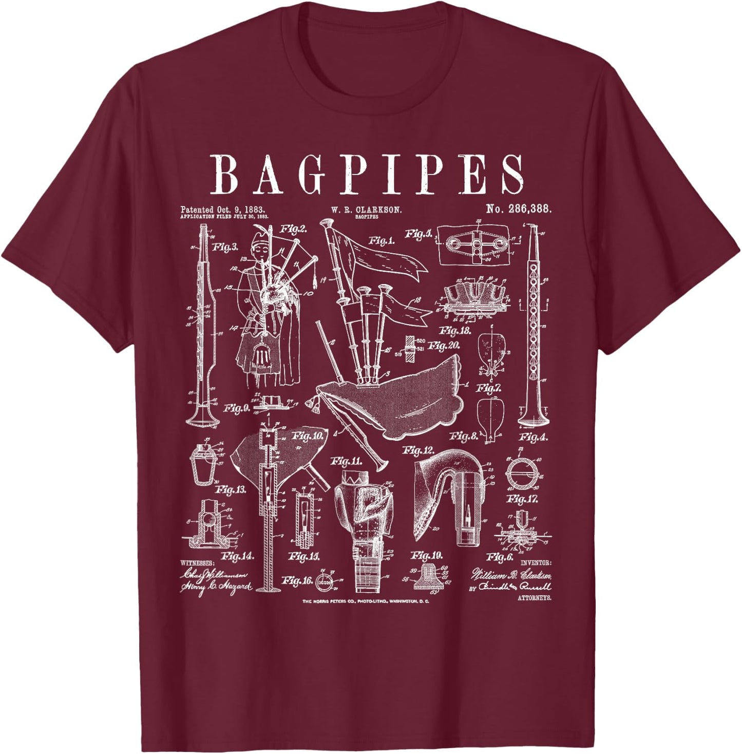 Bagpipe Bagpipe Player Vintage Patent Musician T-Shirt - T-Shirt | Maroon