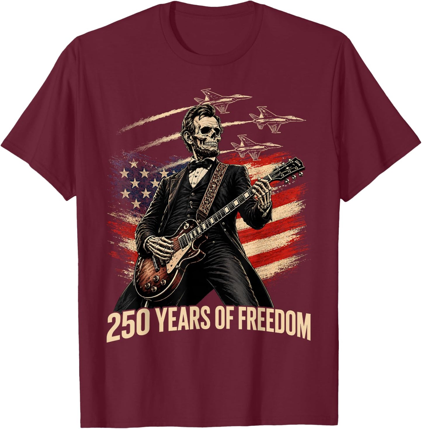 Abraham Lincoln Skeleton Rock Guitar Patriotic 4th of July T-Shirt - T-Shirt | Maroon