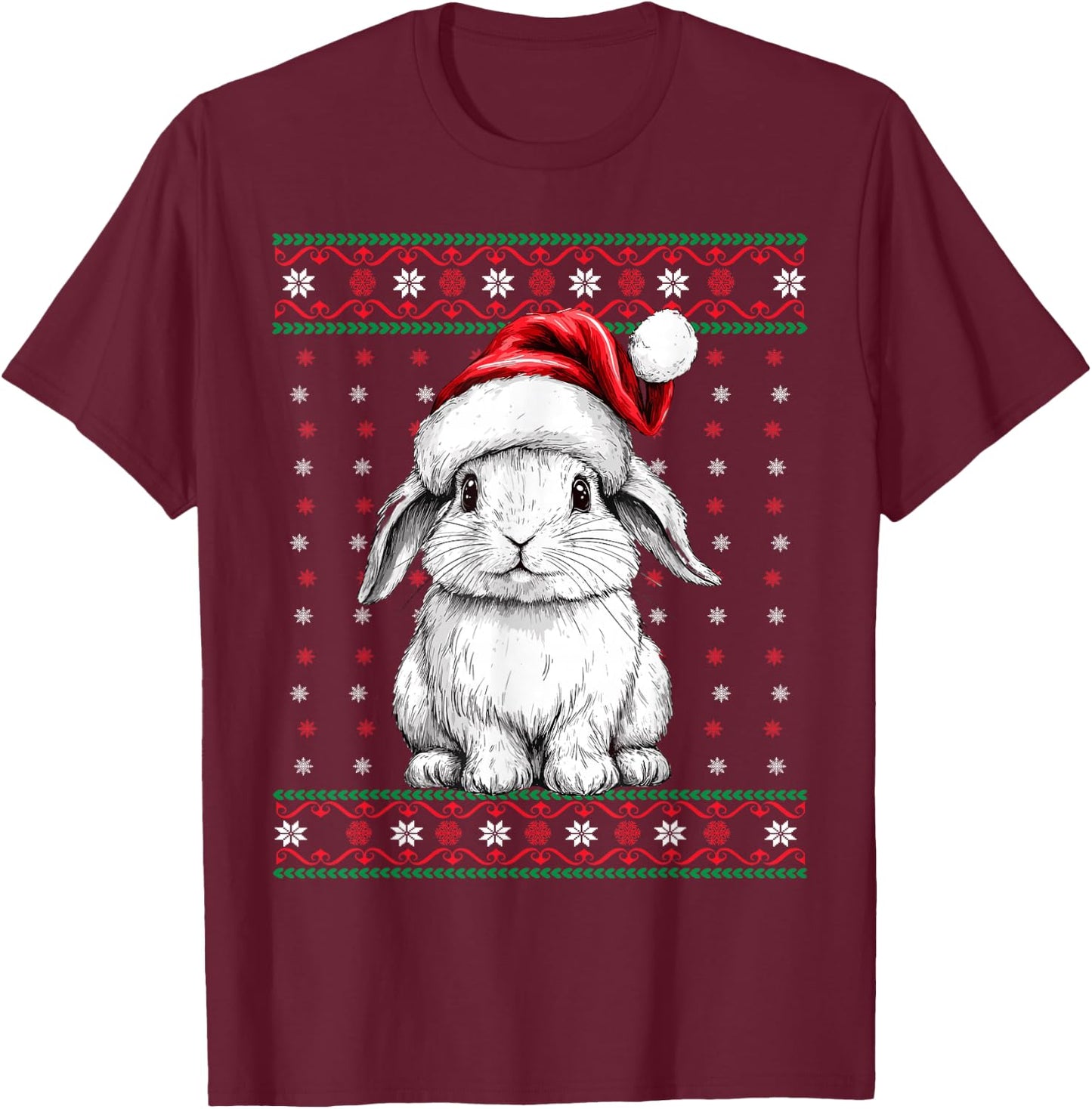 Ugly Christmas Sweater Rabbit Lover Santa Hat Funny Holiday T-Shirt - T-Shirt | Maroon