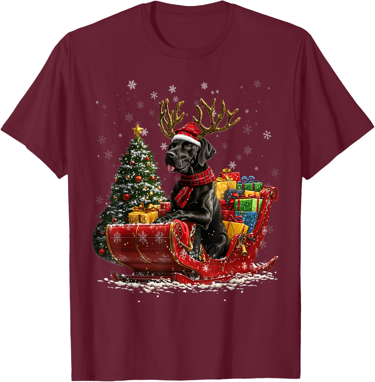 Santa Great Dane reindeer Light Christmas T-Shirt - T-Shirt | Maroon