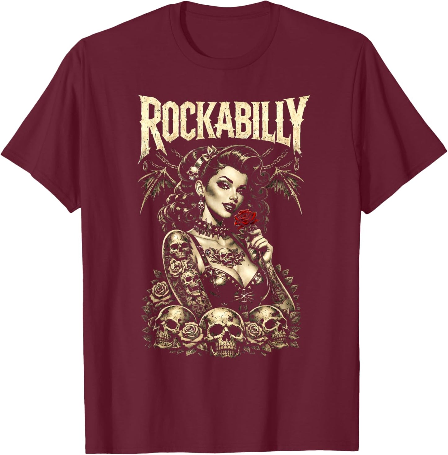 Rockabilly Gothic Pinup Girl Skulls Retro Alternative Rock T-Shirt - T-Shirt | Maroon