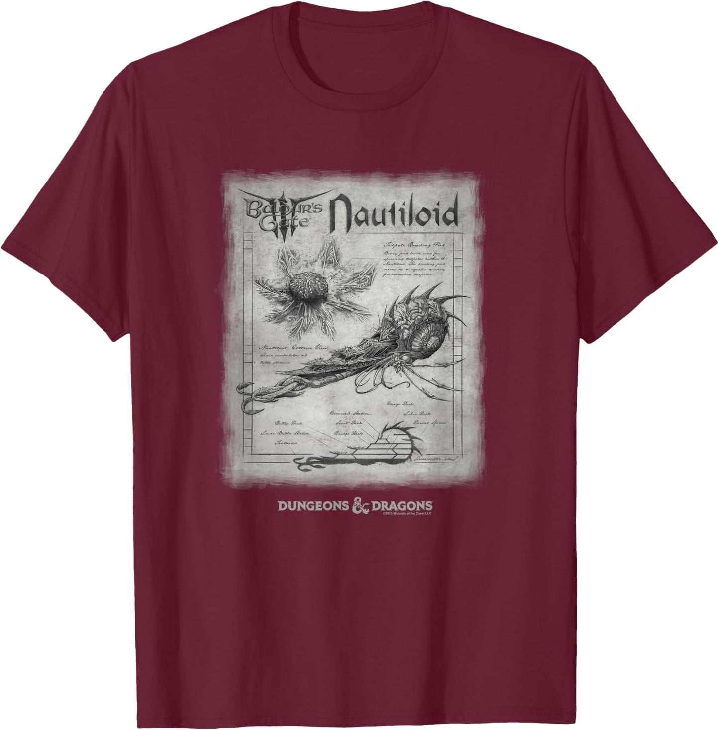 Dungeons & Dragons Baldur's Gate III Nautiloid Schematics T-Shirt - T-Shirt | Maroon