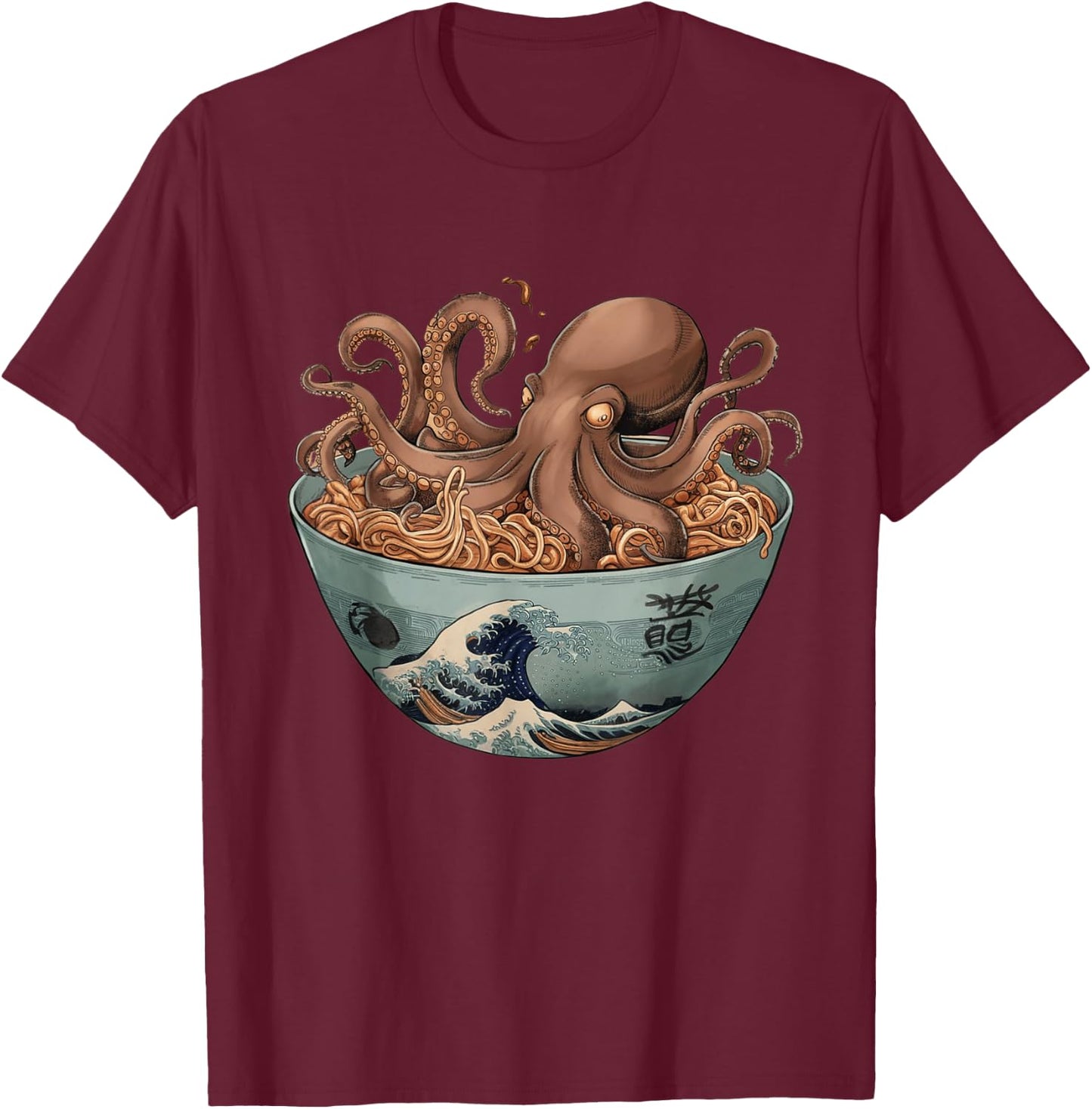 Octopus Artwork Co by MNI -Adults Black Short Sleeve Small Octopus Ramen Bowl Aesthetic Japanese Culture Tokyo Asian T-Shirt - T-Shirt | Maroon