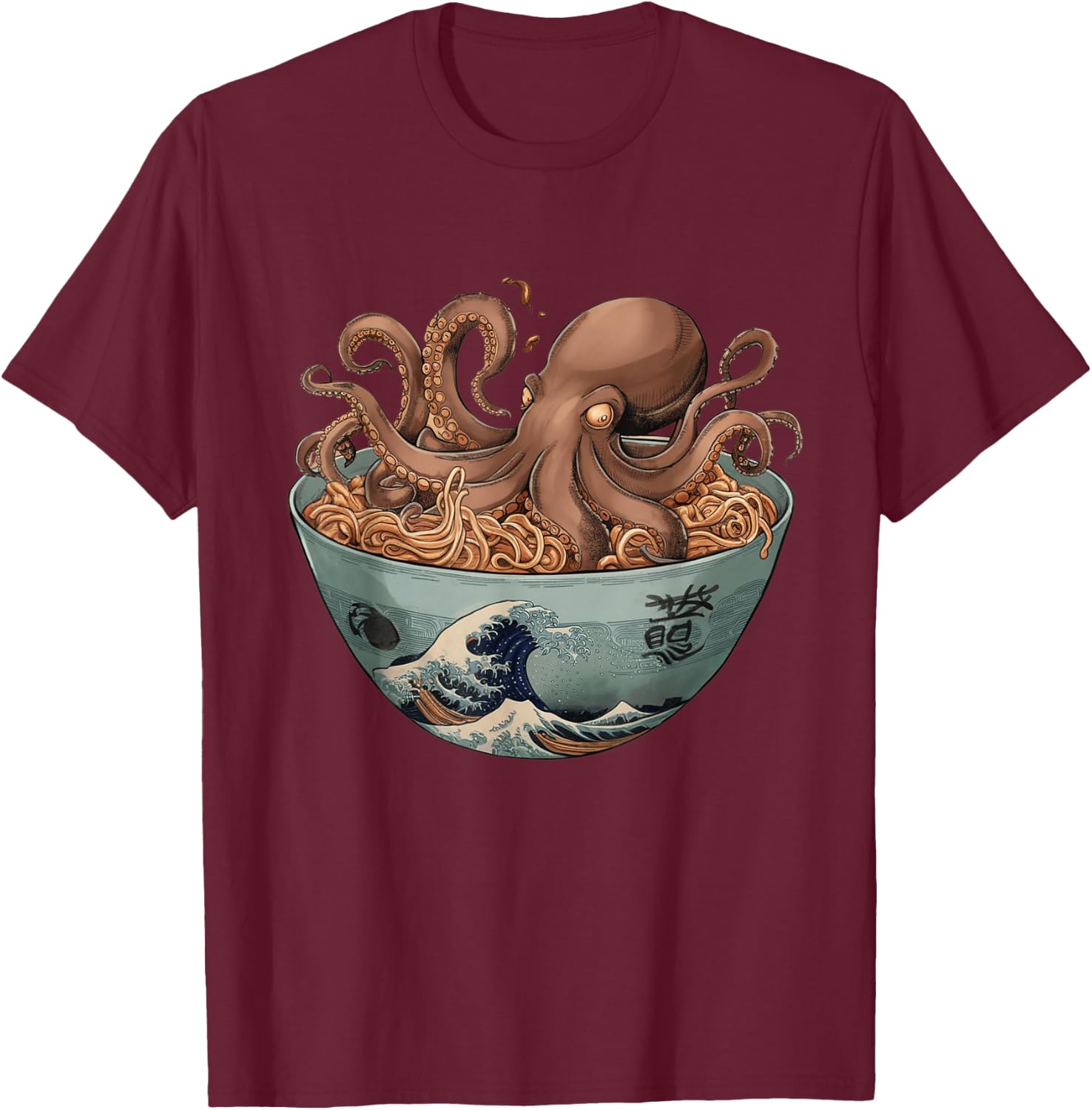 Octopus Artwork Co by MNI -Adults Black Short Sleeve Small Octopus Ramen Bowl Aesthetic Japanese Culture Tokyo Asian T-Shirt - T-Shirt | Maroon