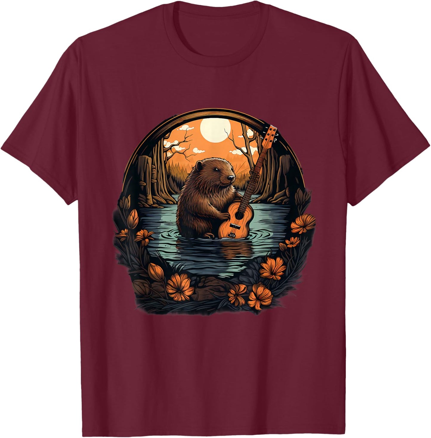 Beaver Nature Guitar Landscape Wildlife Artwork Animal Art T-Shirt - T-Shirt | Maroon