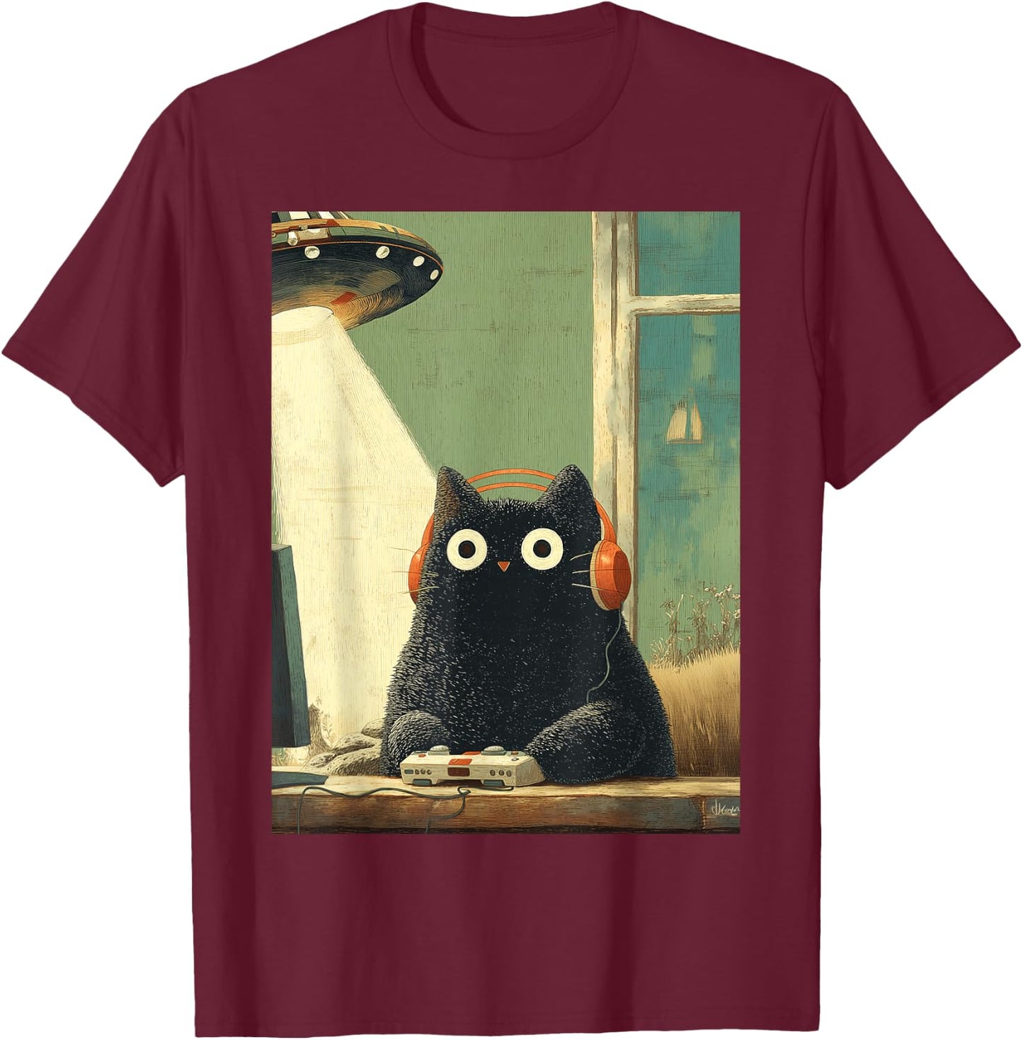 Japanische Schwarze Gamer Cat Videospiele Abduktion UFO Space T-Shirt - T-Shirt | Maroon