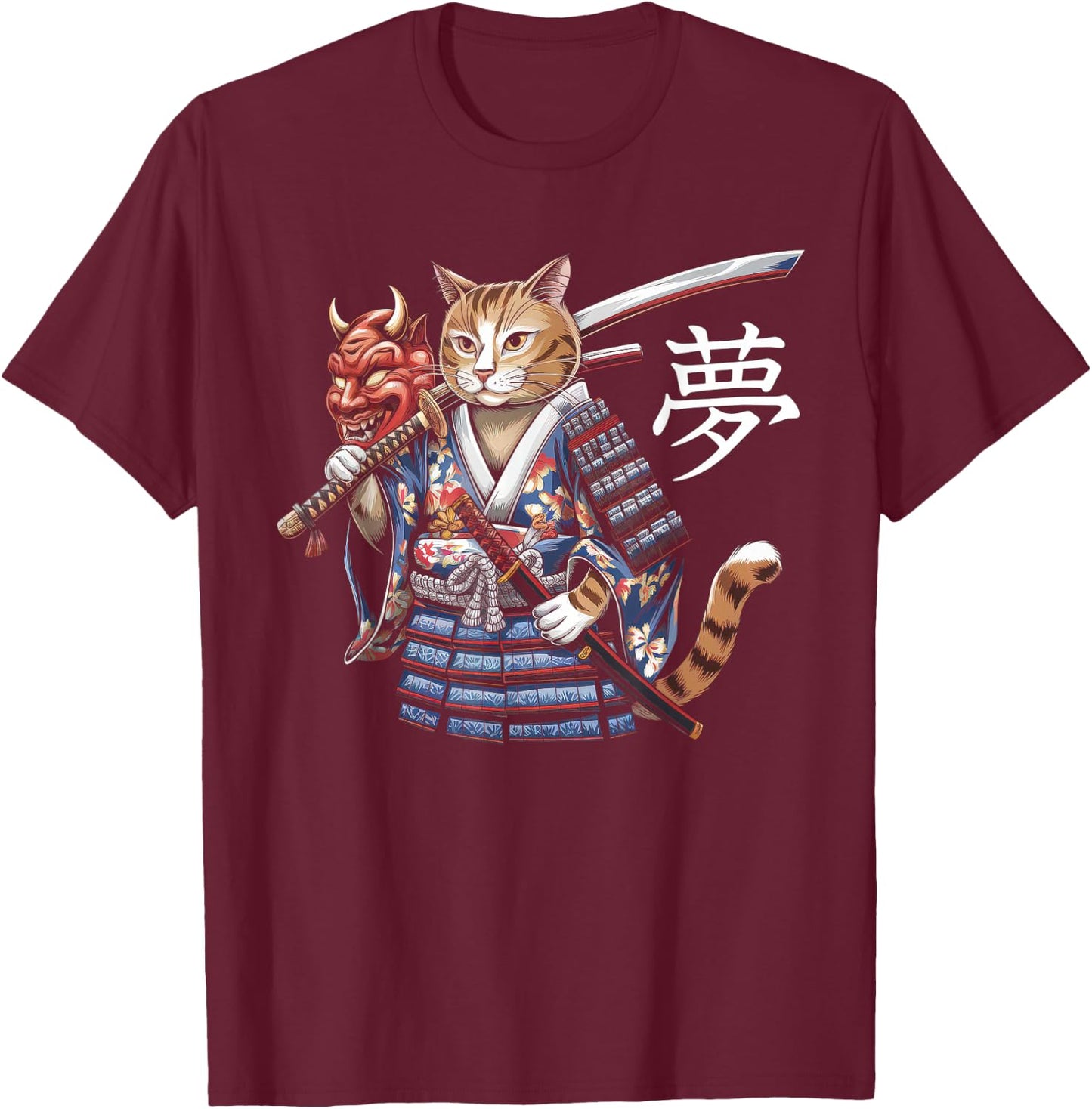 Samurai Cat Vintage Ukiyo-e Warrior Kanji Japan Anime Ink T-Shirt - T-Shirt | Maroon