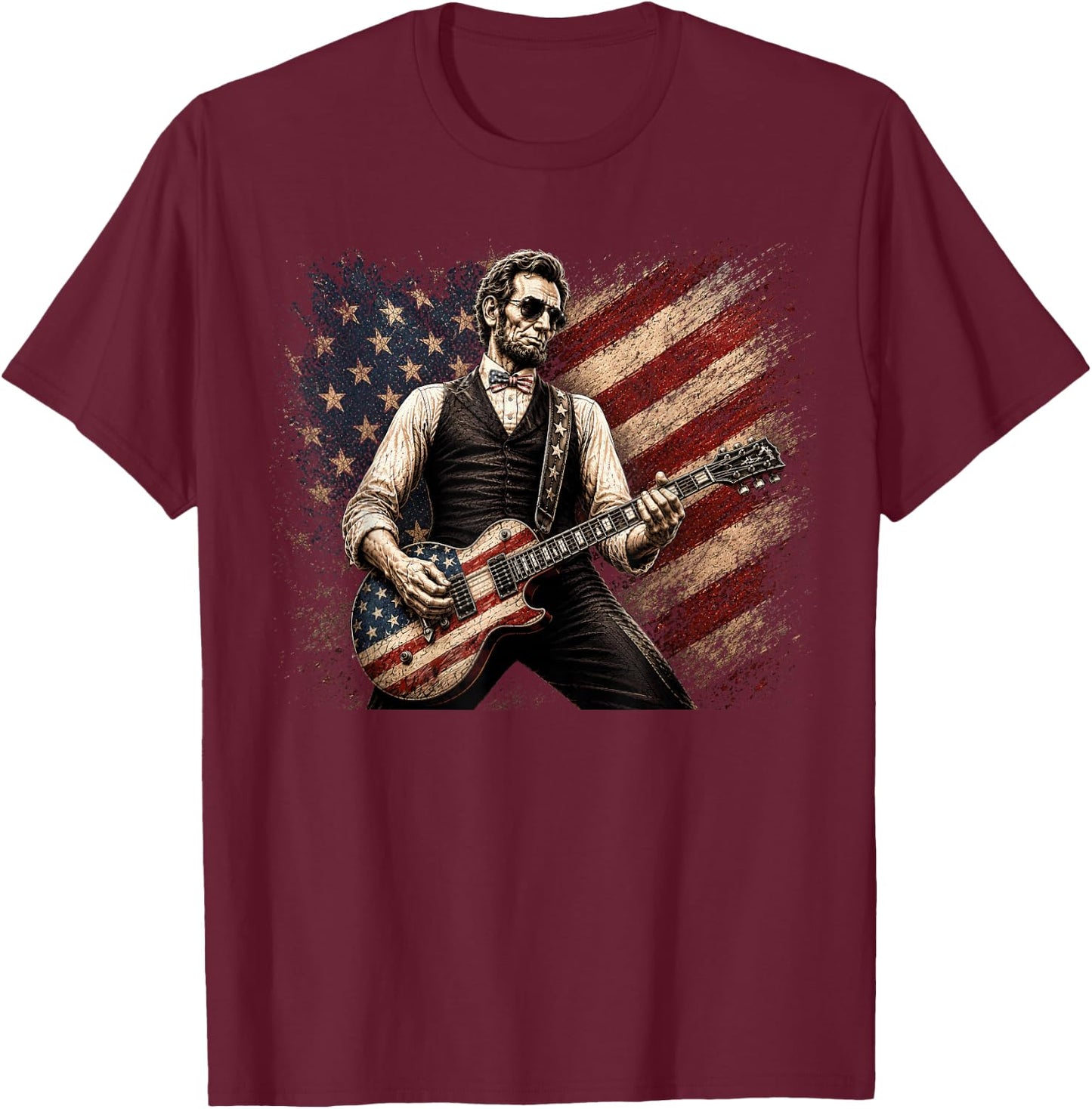 Abraham Lincoln Playing Guitar Rock and Roll American Flag T-Shirt - T-Shirt | Maroon