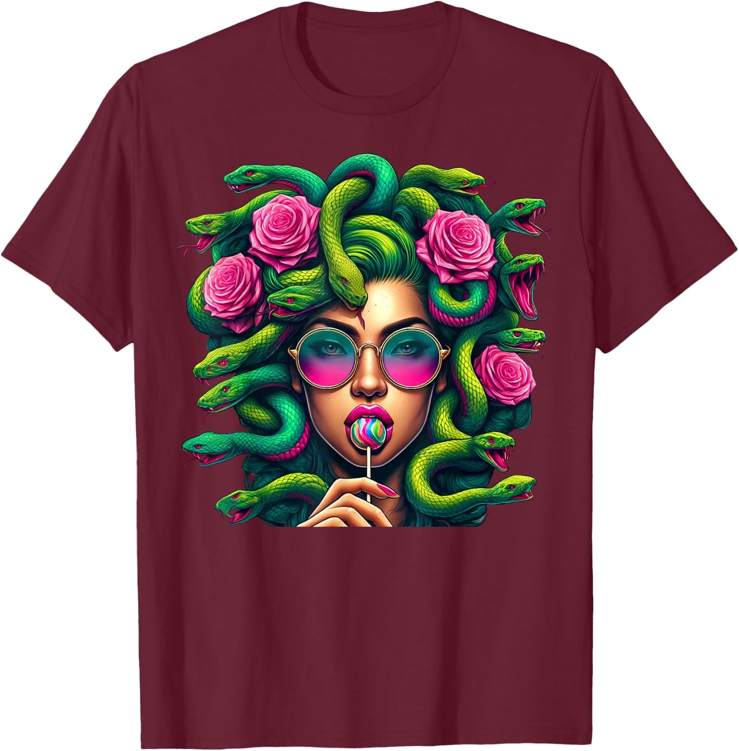 Medusa Snakes Roses Lollipop Floral Greek Mythology T-Shirt - T-Shirt | Maroon