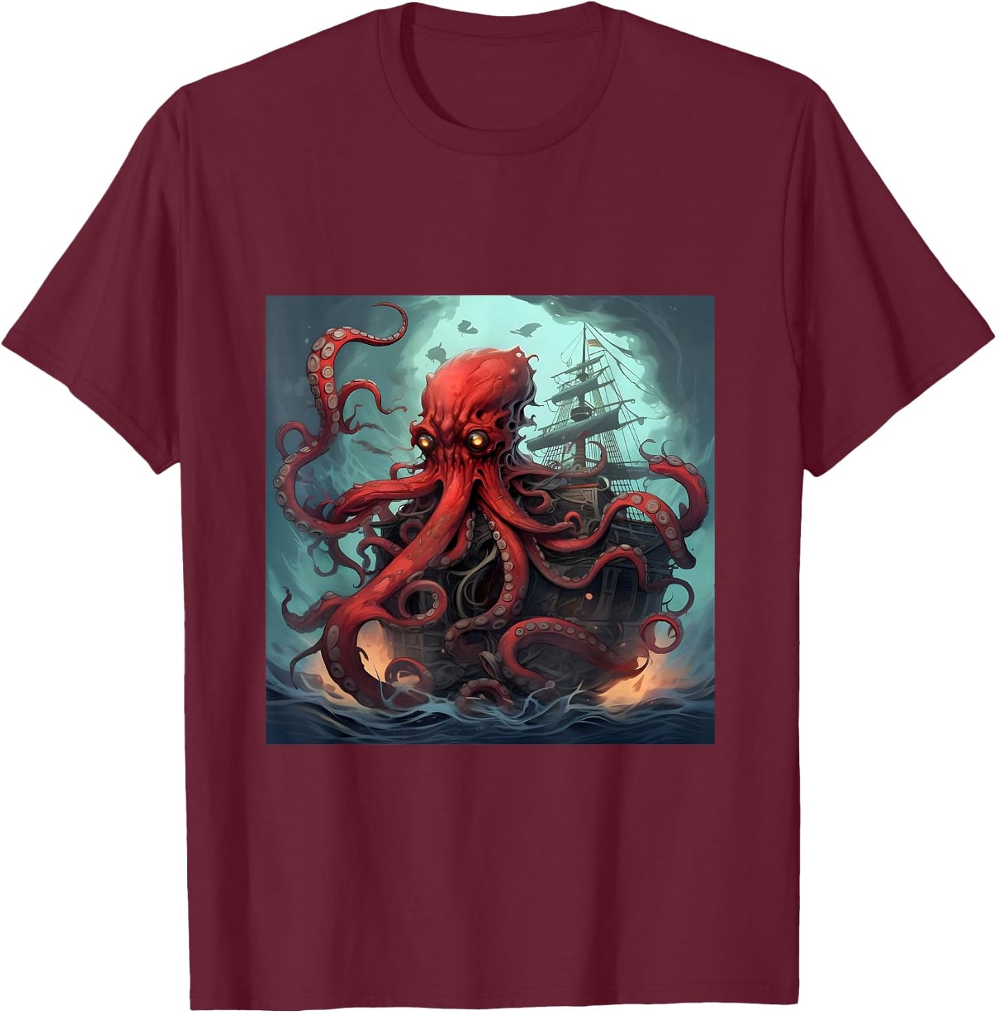 Kraken Pirate Ship Giant Octopus Ocean T Shirt T-Shirt - T-Shirt | Maroon