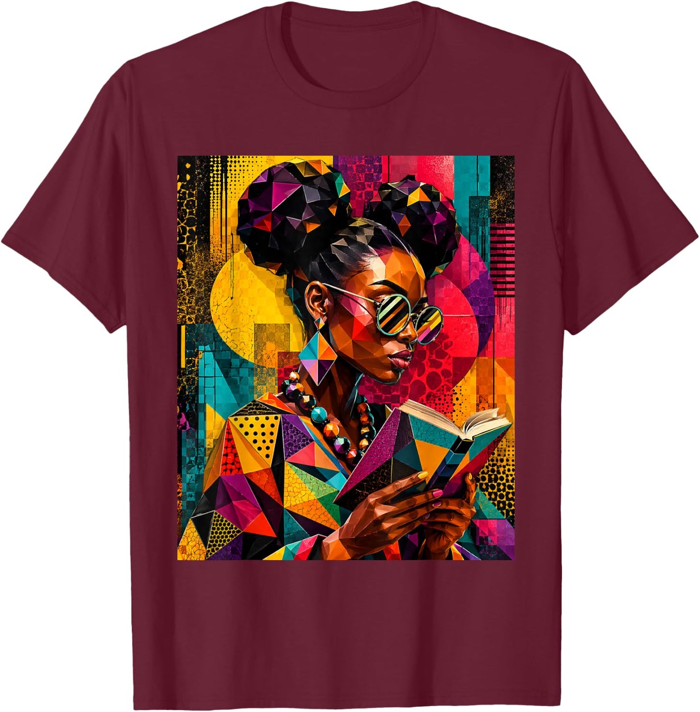 Black History Educated Geometric Women Reading Book Melanin T-Shirt - T-Shirt | Maroon