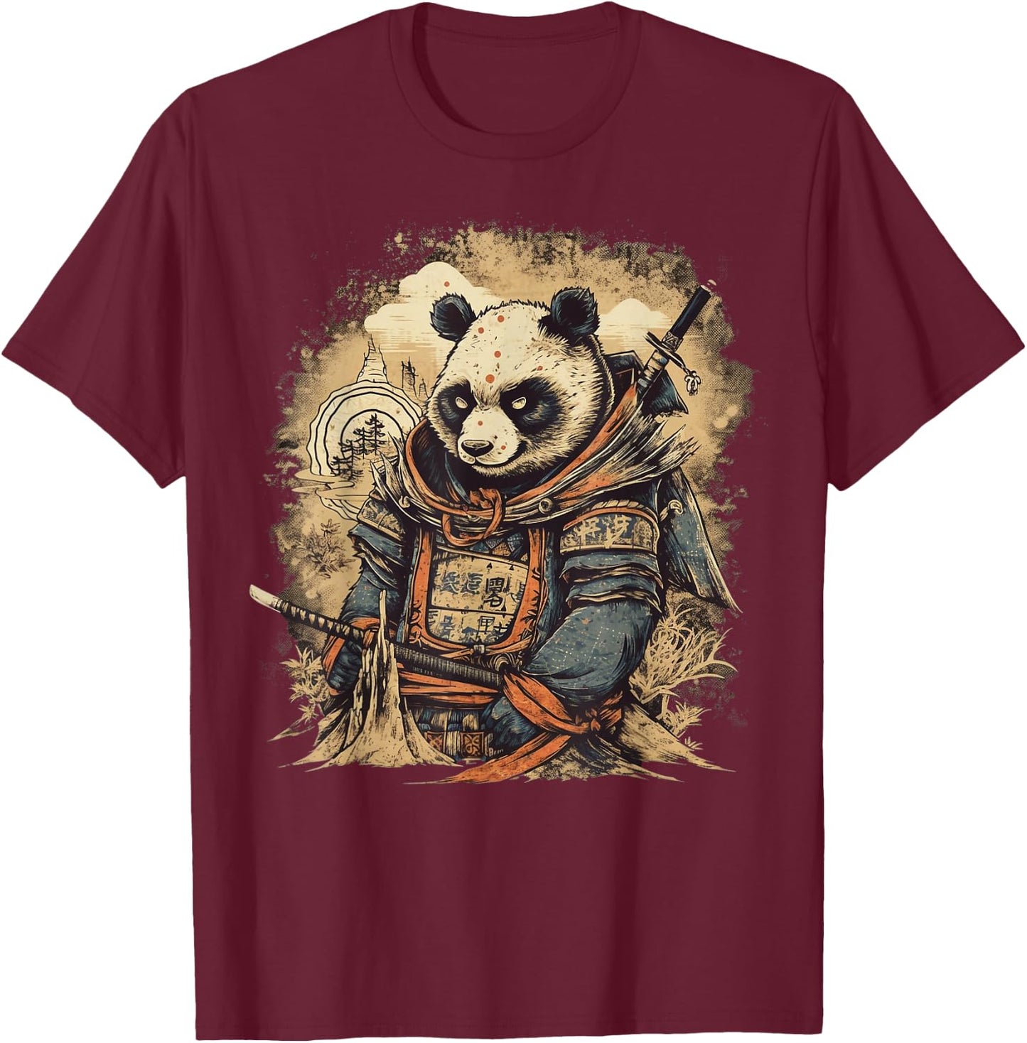 Retro Japanese culture graphic lover Samurai Panda art T-Shirt - T-Shirt | Maroon