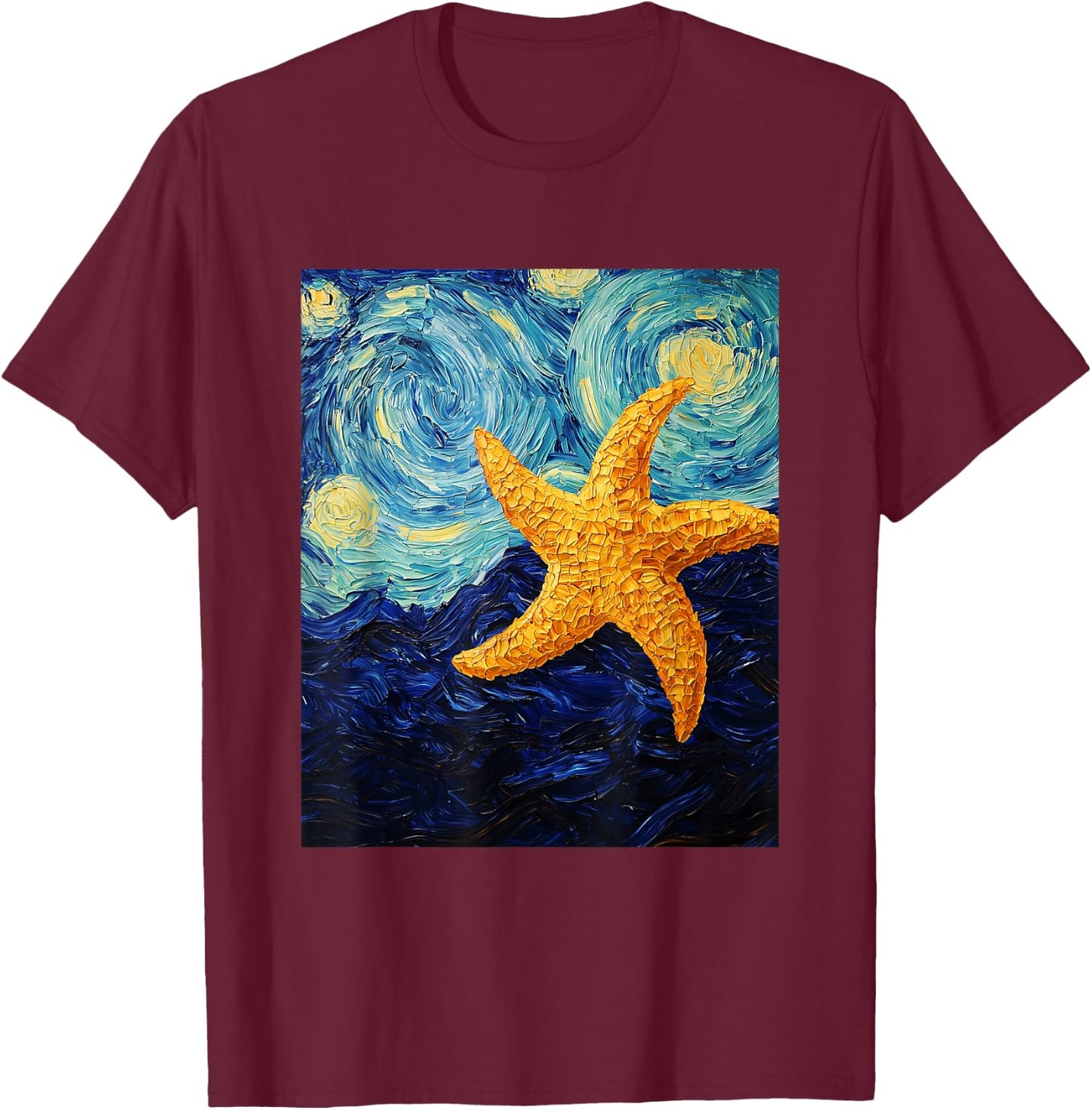 Cute Starfish Aquarist - Van Gogh Style - Starry Night T-Shirt - T-Shirt | Maroon