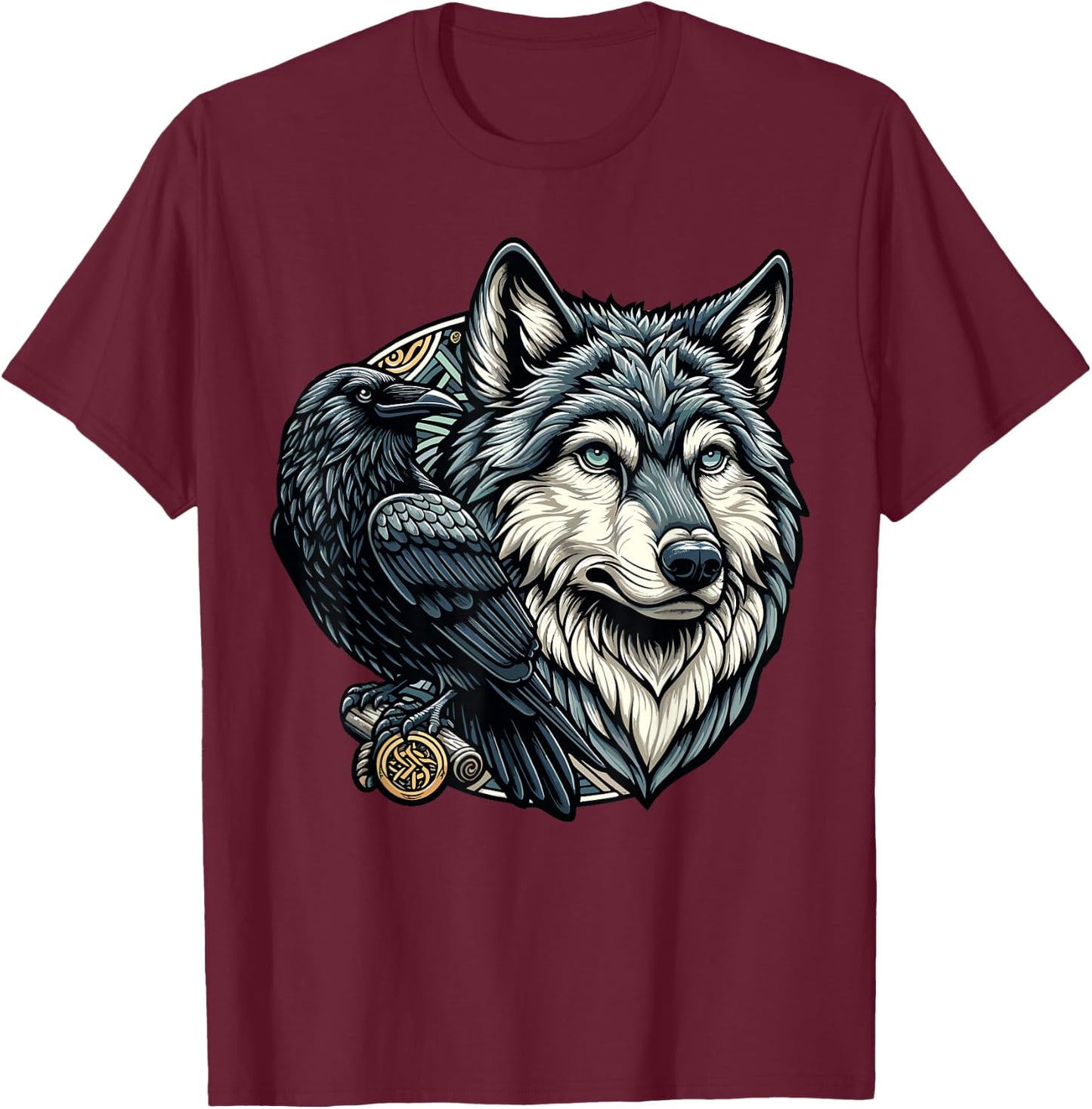 Wolf and Raven Design - Viking Symbol Nordic Mythology T-Shirt - T-Shirt | Maroon