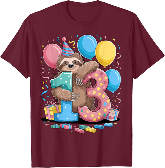 Sloth 13th birthday boy girl 13 years old thirteenth Sloth T-Shirt - T-Shirt | Maroon