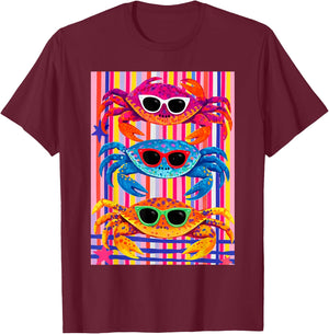 Colorful Crab Sunglasses Beach Vibes T-Shirt - T-Shirt | Maroon
