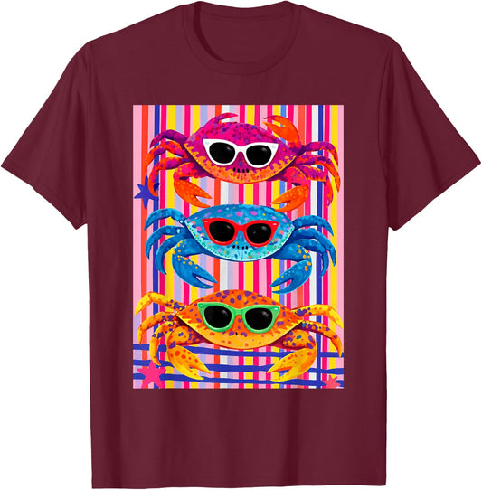 Colorful Crab Sunglasses Beach Vibes T-Shirt - T-Shirt | Maroon