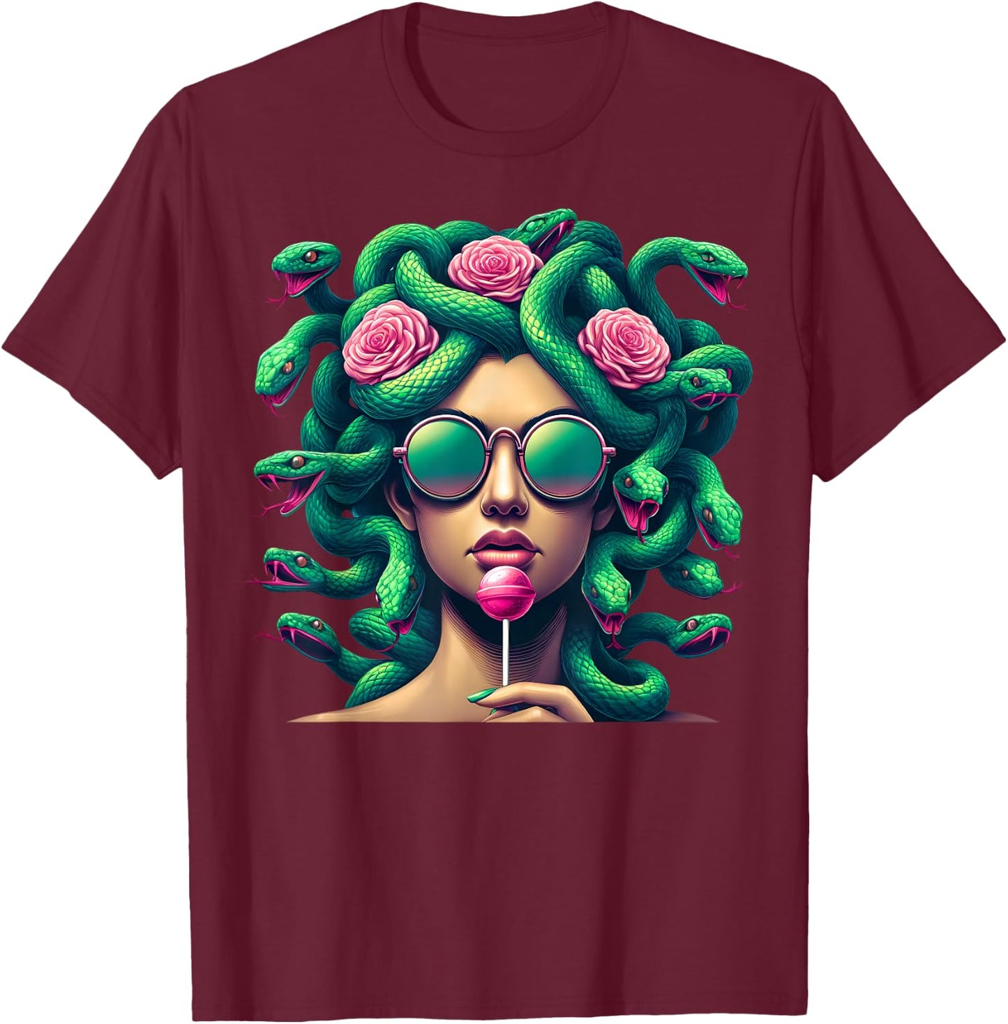 Medusa Snakes Sunglasses Roses Lollipop T-Shirt - T-Shirt | Maroon