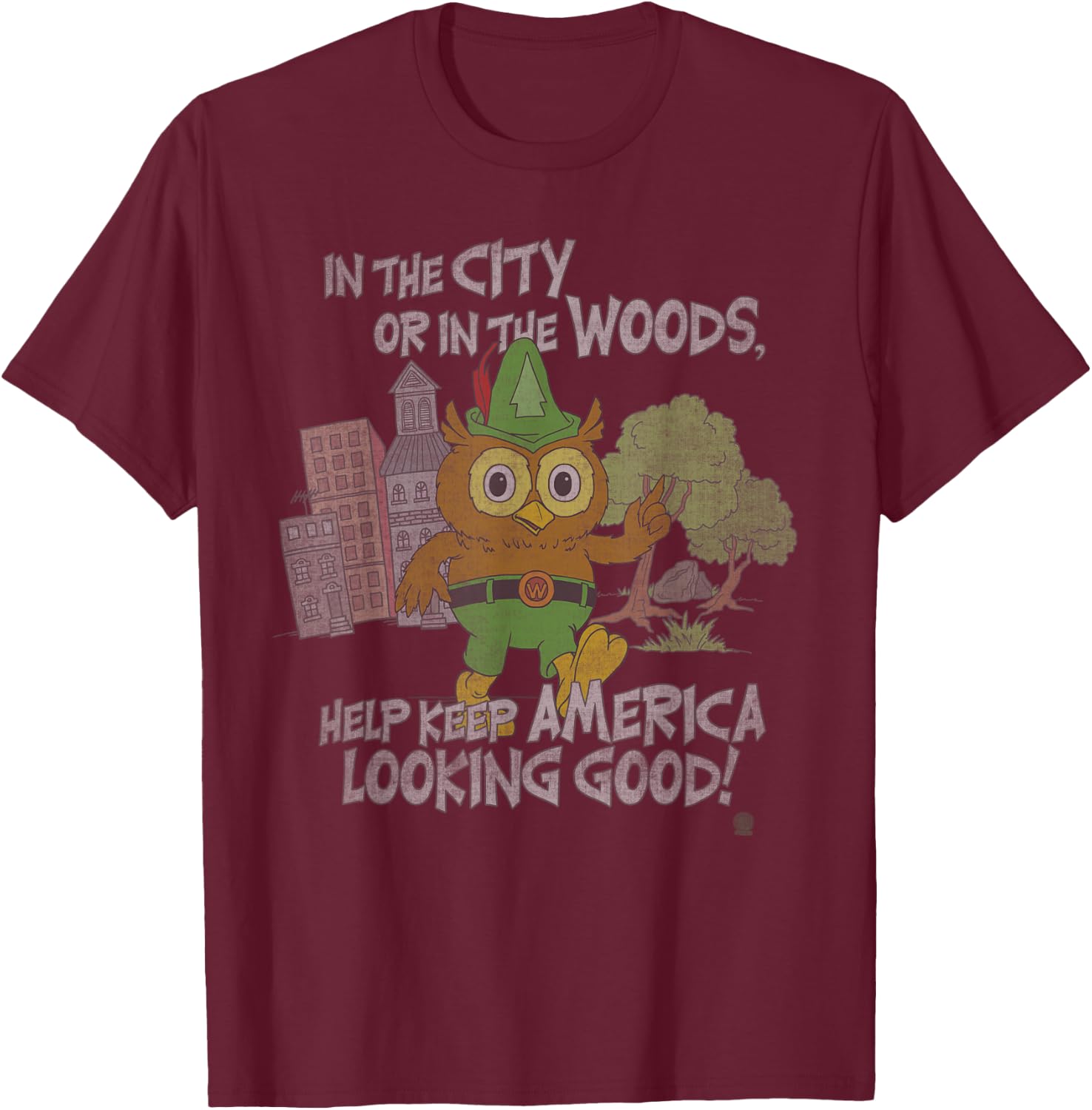Woodsy Owl Keep America Looking Good Distressed and Faded T-Shirt - T-Shirt | Maroon