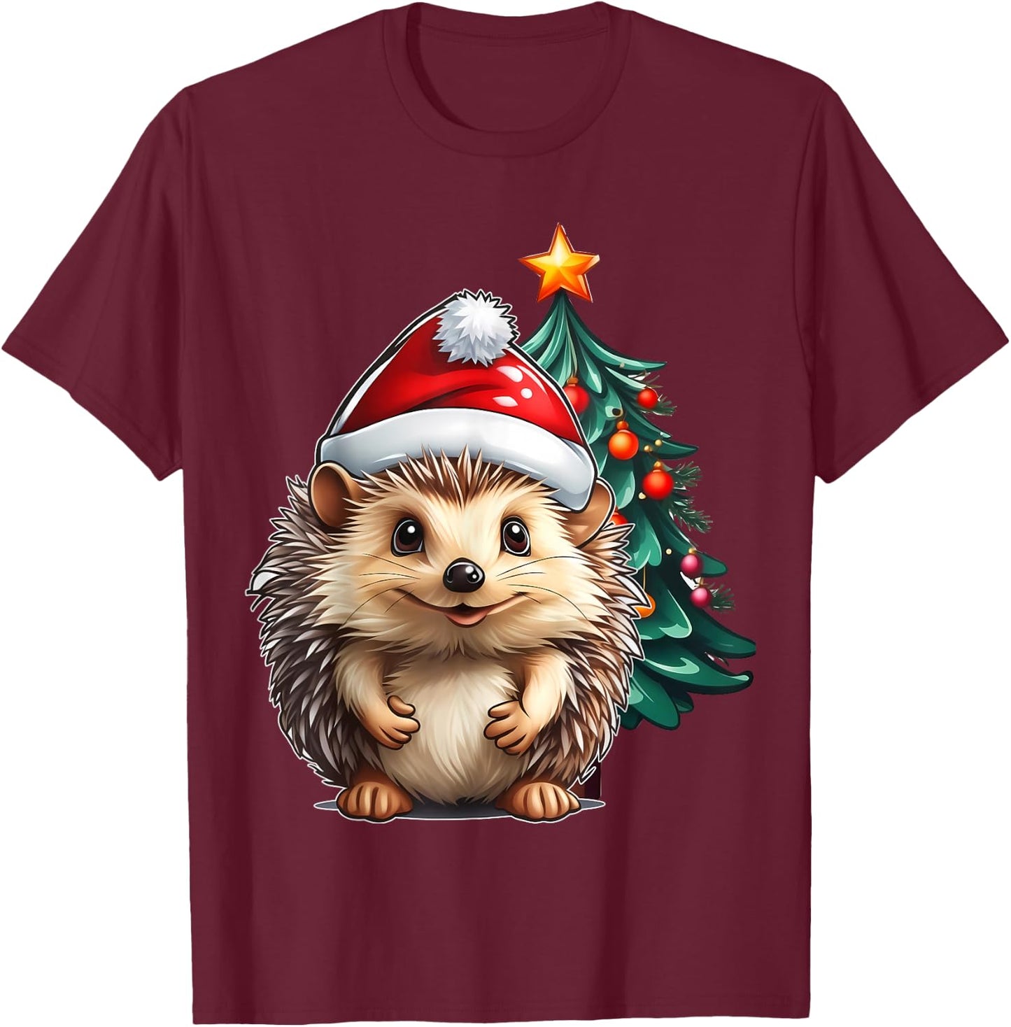 Aesthetic Christmas Hedgehog Santa Hat Xmas Tree Custom T-Shirt - T-Shirt | Maroon