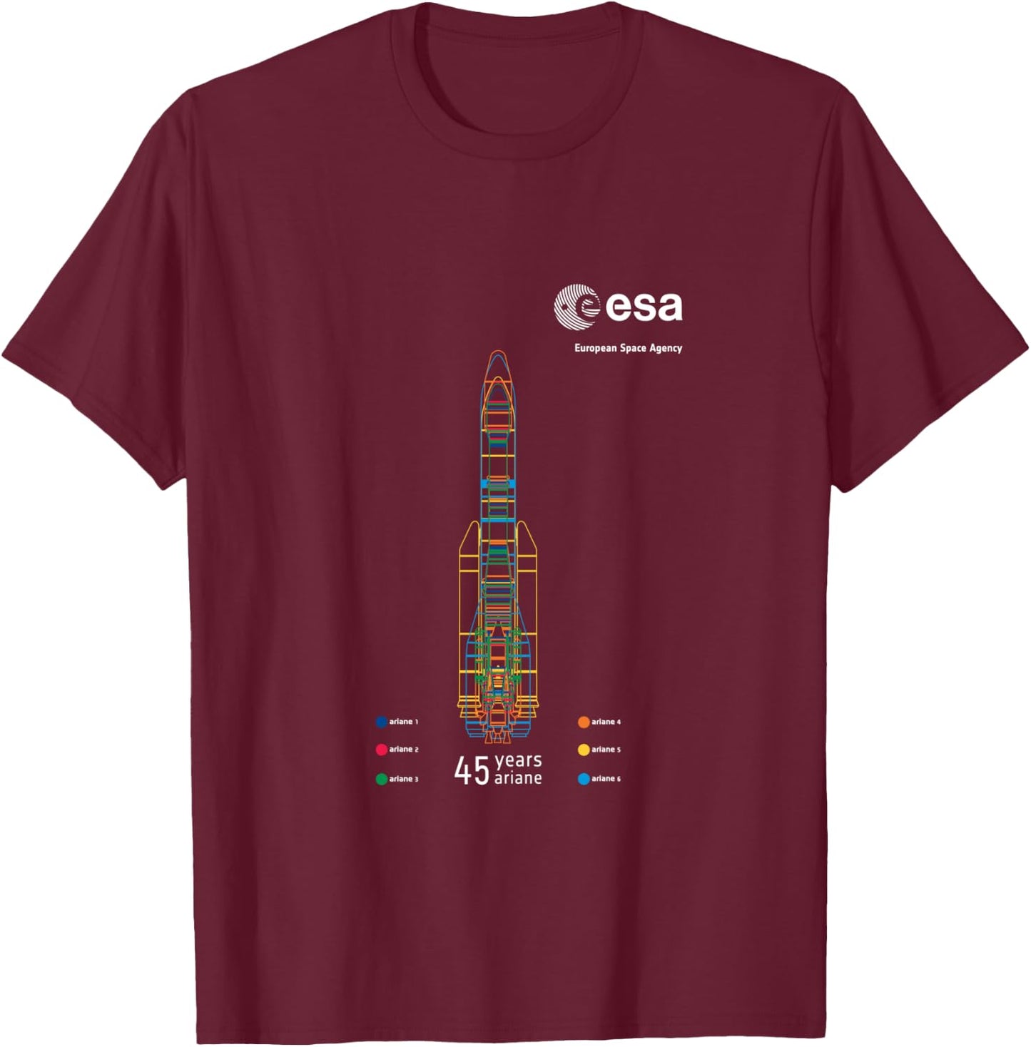 ESA European Space Agency 45 years Ariane 1-6 Rocket 1979-2024 T-Shirt - T-Shirt | Maroon