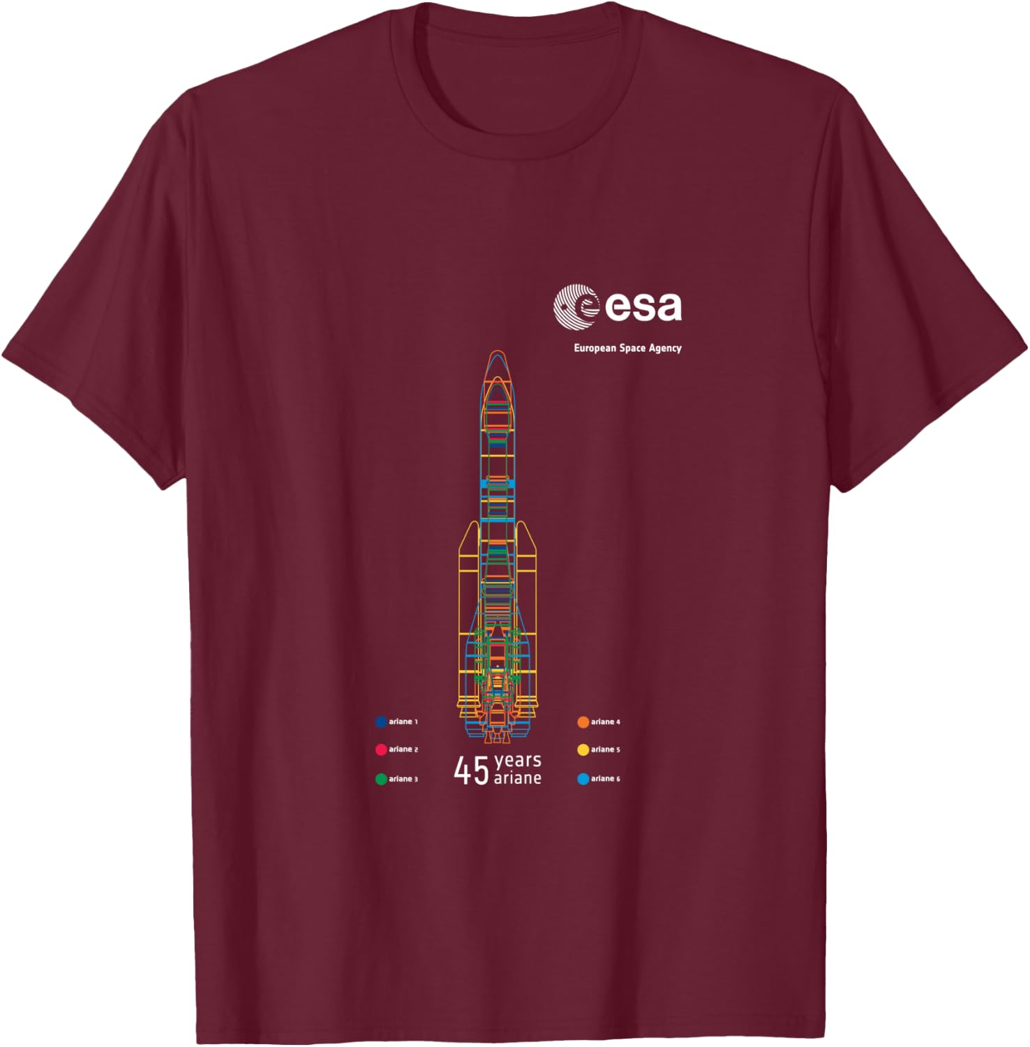 ESA European Space Agency 45 years Ariane 1-6 Rocket 1979-2024 T-Shirt - T-Shirt | Maroon