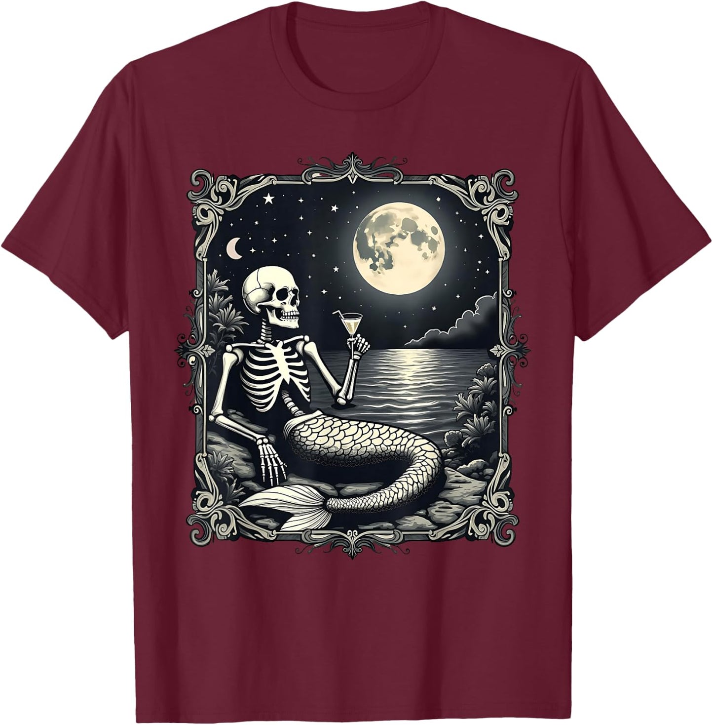 Funny Skeleton Mermaid at Full Moon Cool Mermaid Graphic T-Shirt - T-Shirt | Maroon