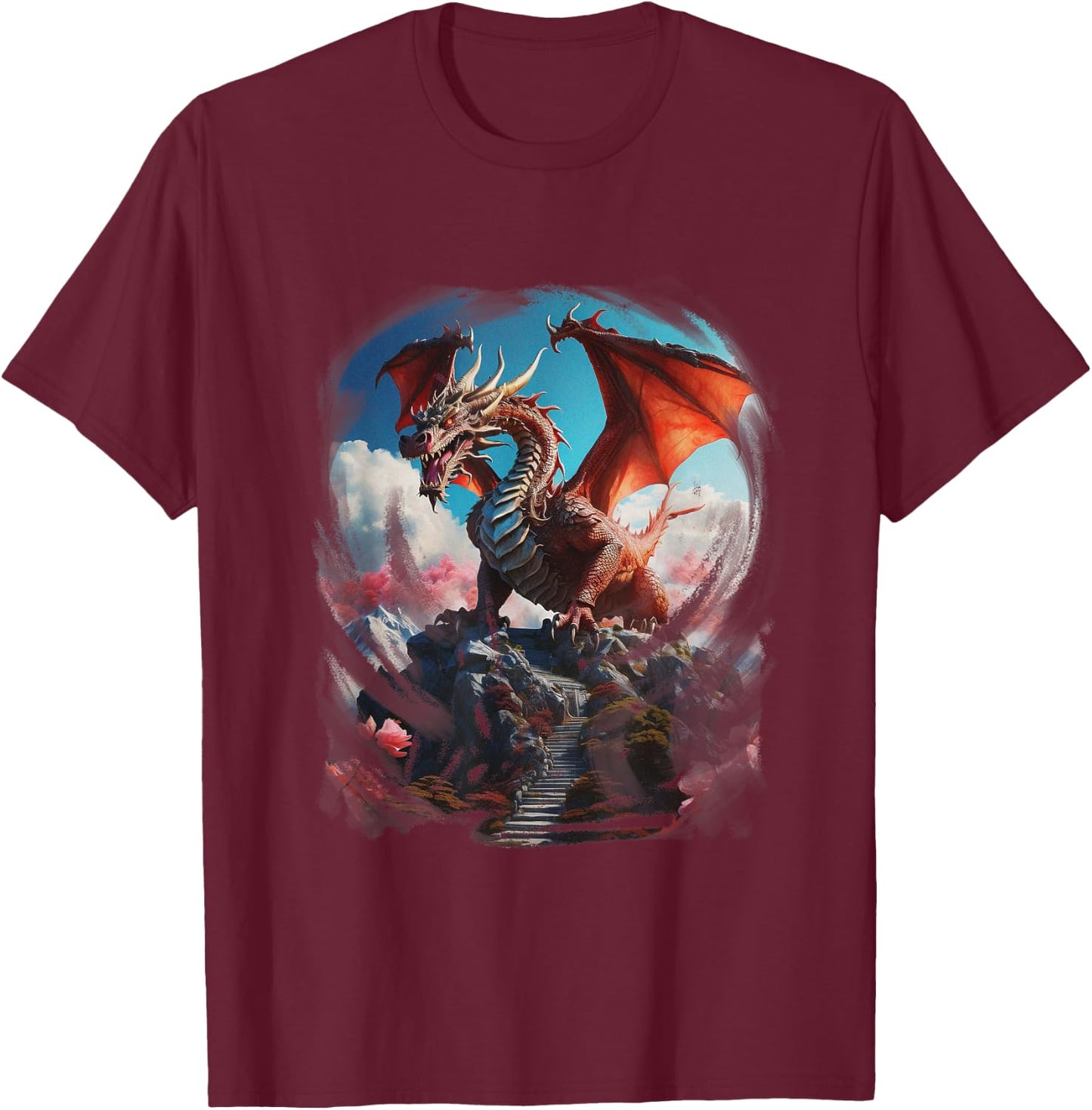 Vintage Big Dragon Art T-Shirt - T-Shirt | Maroon