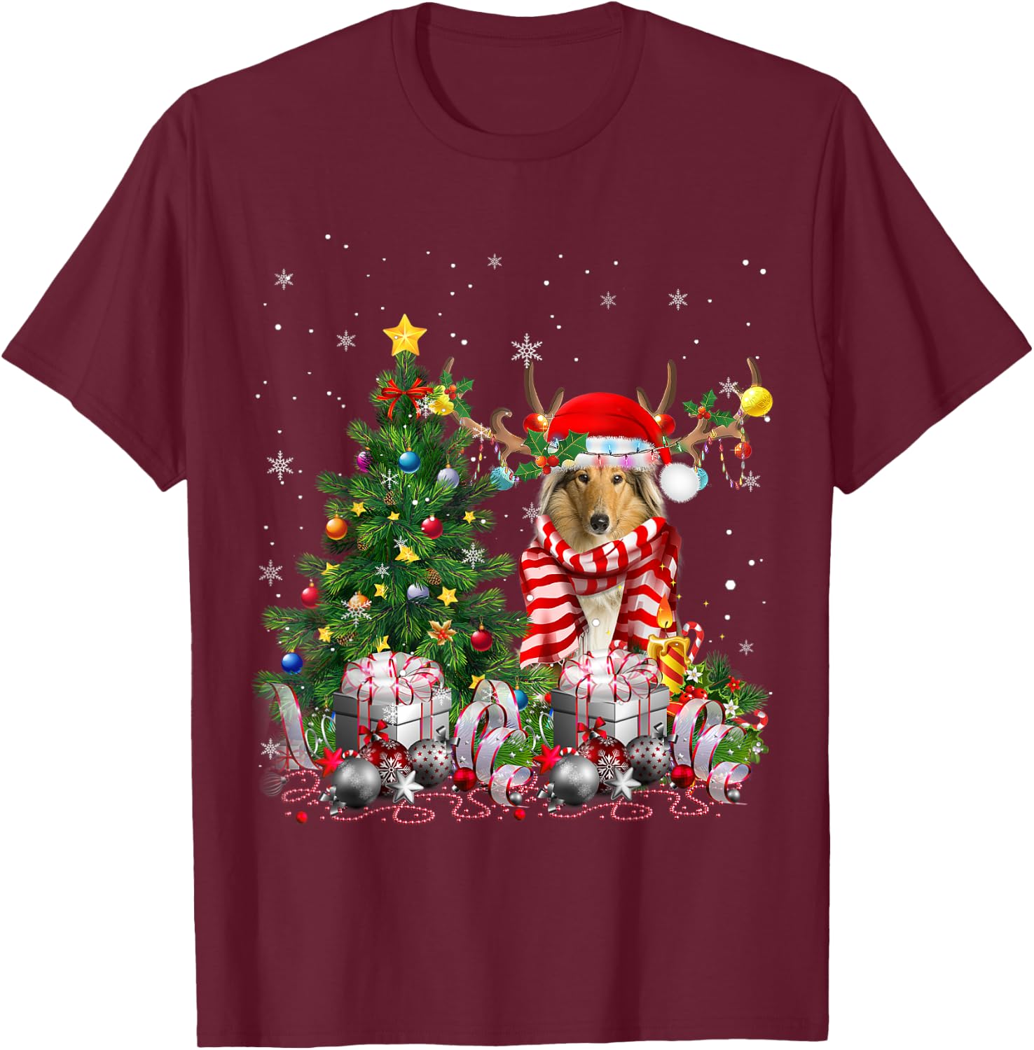 Scotch Collie Dog Christmas Tree Lights Santa Pajamas Xmas Men Women Kids T-Shirt - T-Shirt | Maroon