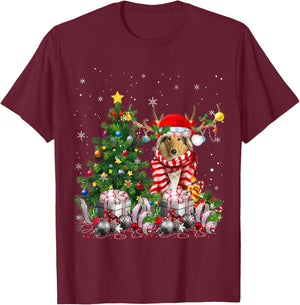 Scotch Collie Dog Christmas Tree Lights Santa Pajamas Xmas Men Women Kids T-Shirt - T-Shirt | Maroon