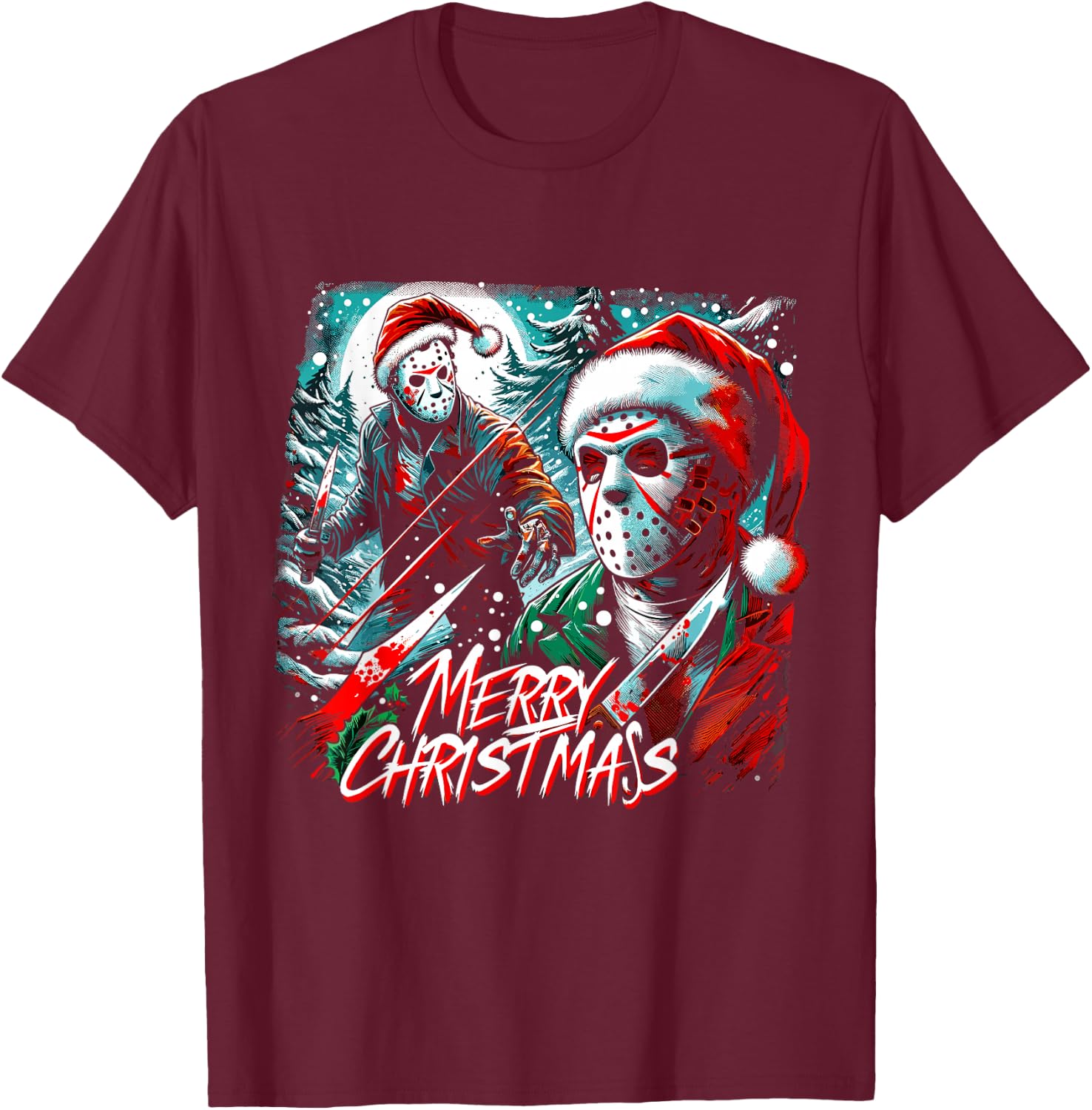 Merry Christmas Festive Slasher Candy Cane Menace T-Shirt - T-Shirt | Maroon