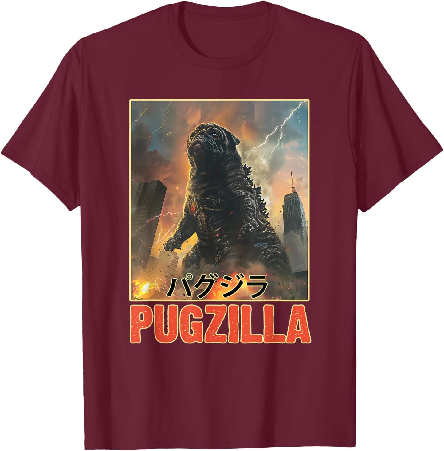 Funny Pug Vintage Styles Animal Vintage Art Pug Dog Kawai Pet Lovers Pugzilla Funny Outfits T-Shirt - T-Shirt | Maroon