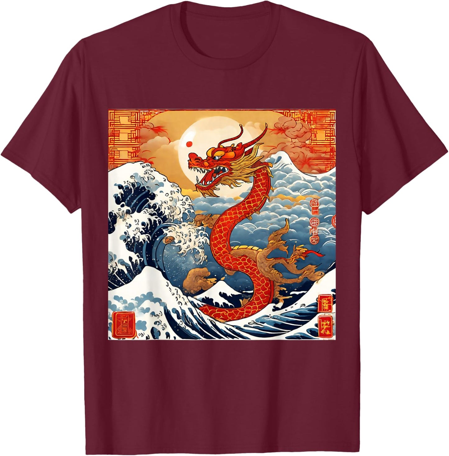 The year of the Dragon 2024 Great wave Chinese New year T-Shirt - T-Shirt | Maroon