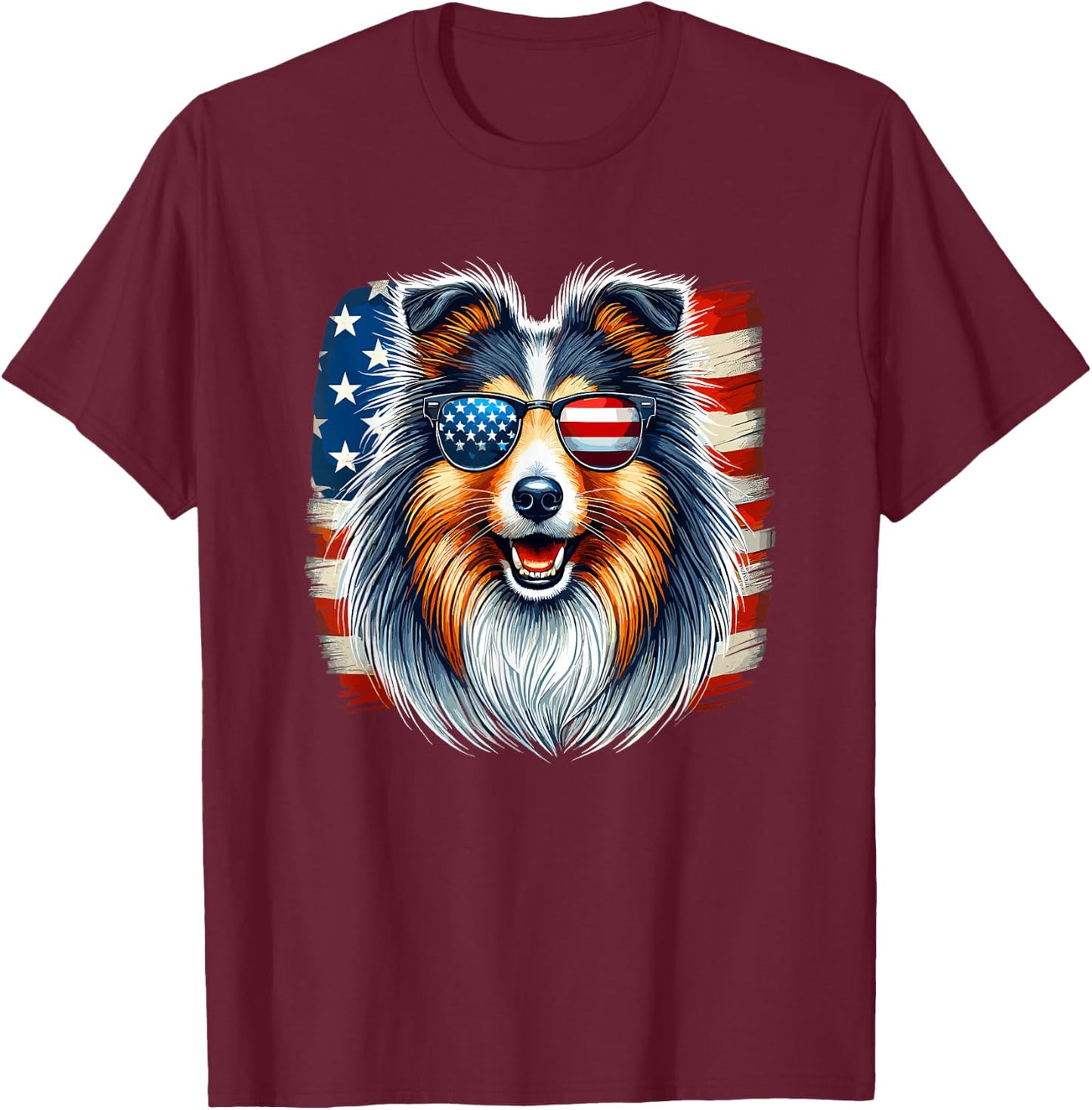 American USA Flag Shetland Sheepdog Sheltie 4th Of July T-Shirt - T-Shirt | Maroon