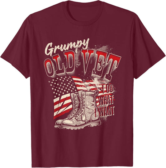 Military Grumpy Old Vet Funny Veteran American Flag Design T-Shirt - T-Shirt | Maroon