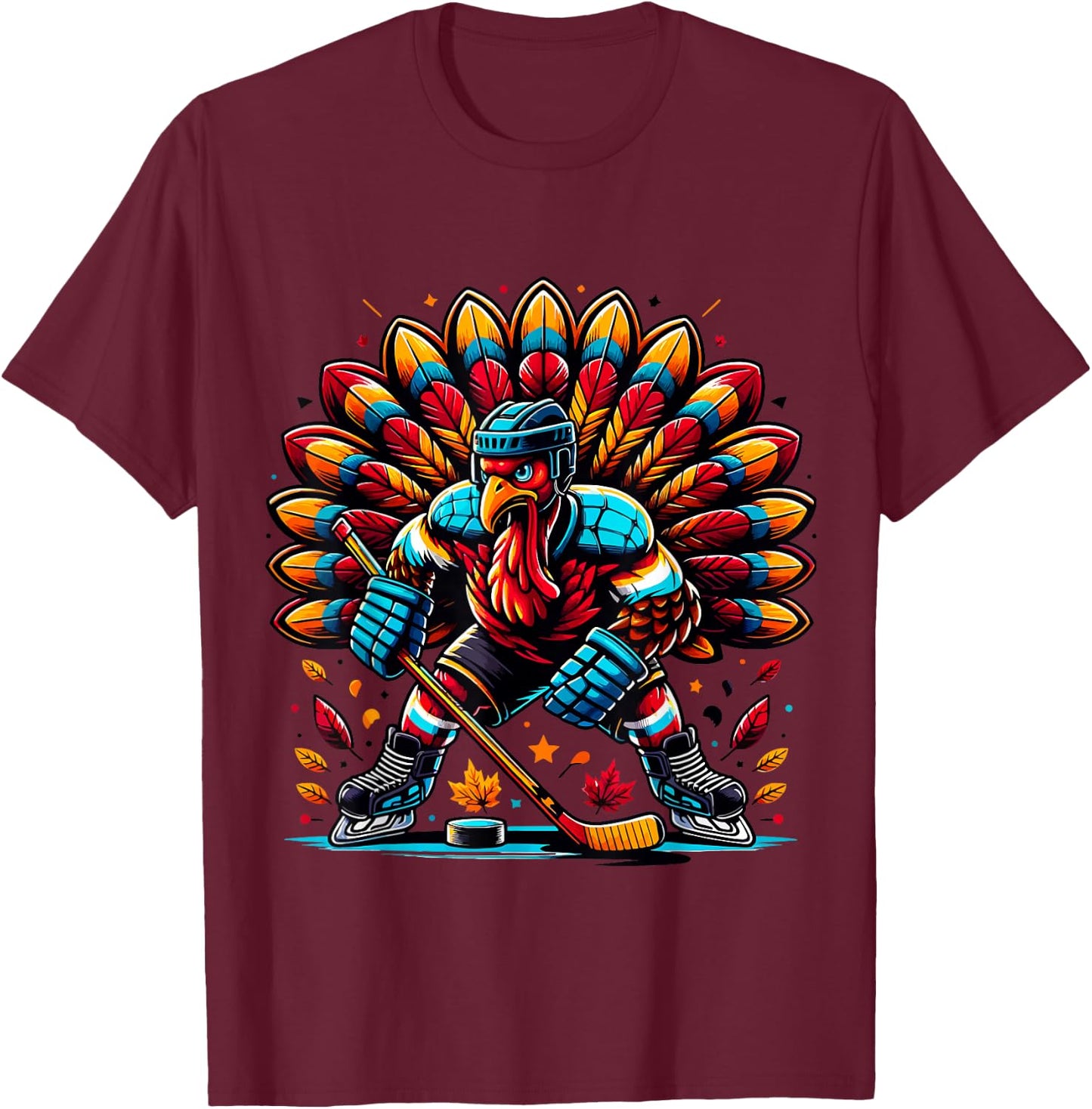 Thanksgiving Ice Hockey Turkey Playing Hockey Thankful T-Shirt - T-Shirt | Maroon