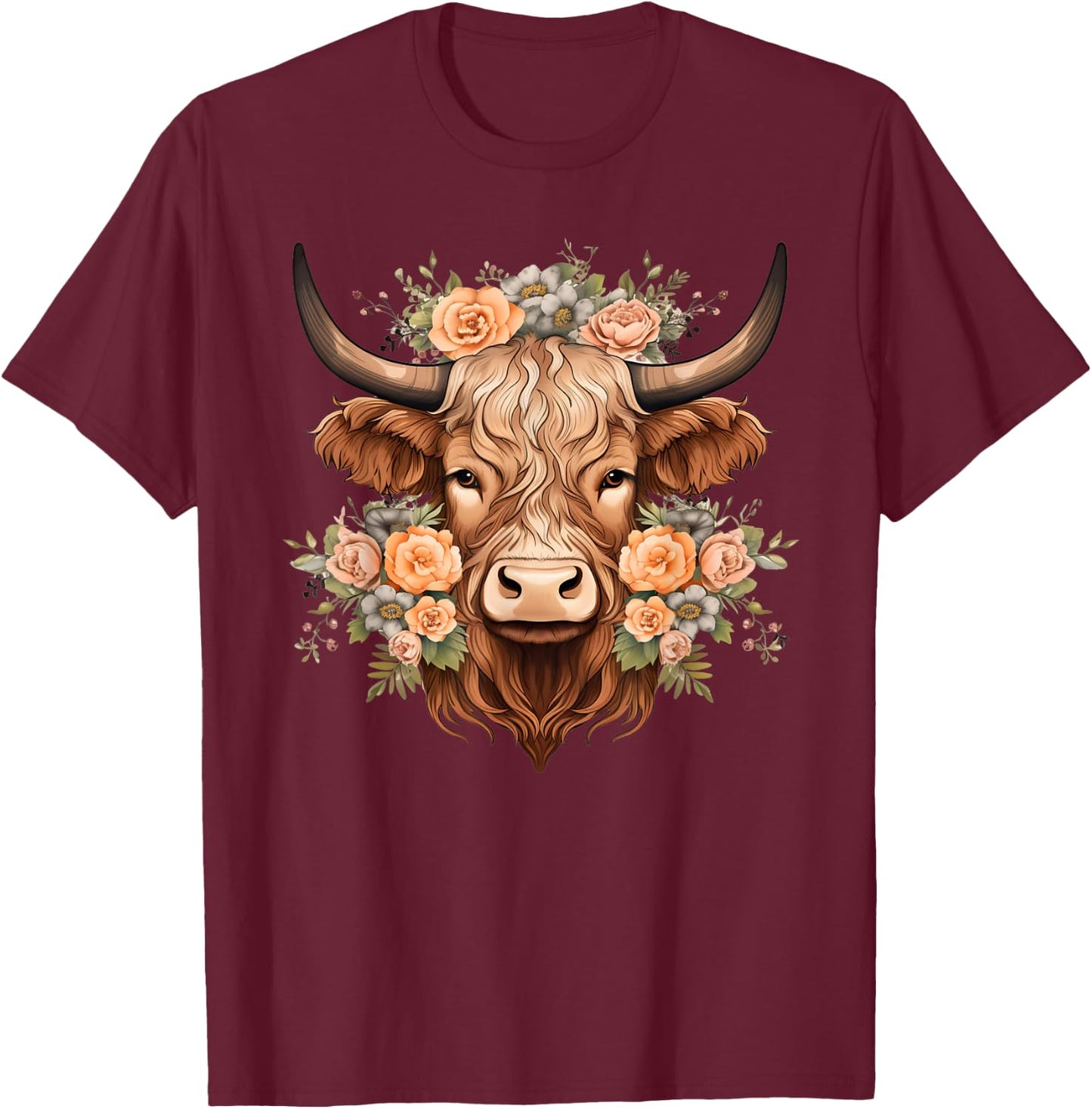 Flowers Highlander Boho Cow T-Shirt - T-Shirt | Maroon