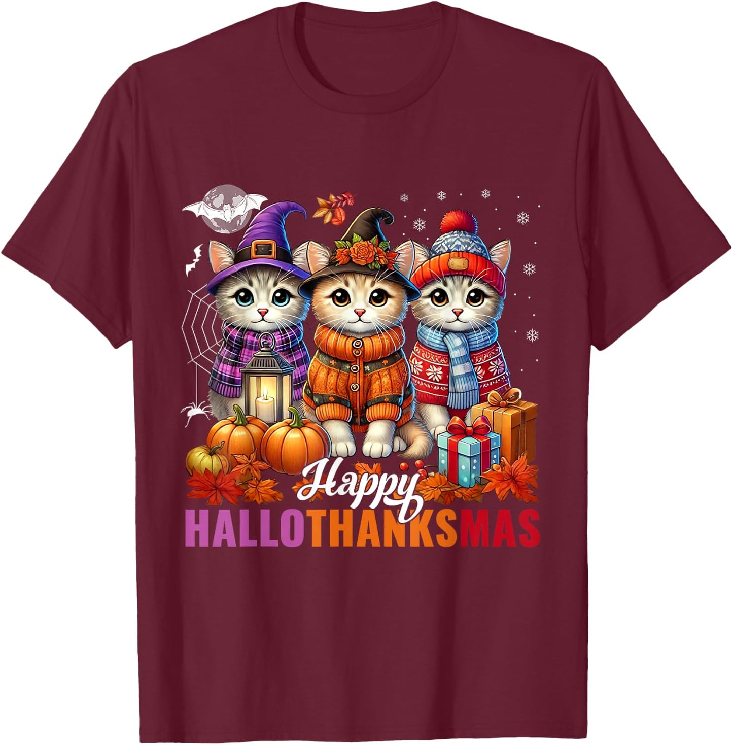 Halloween Thanksgiving Christmas Happy HalloThanksMas Cats T-Shirt - T-Shirt | Maroon